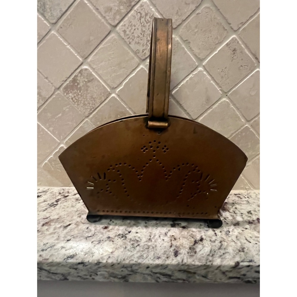 Vintage Copper Brass Letter Holder Napkin Basket Punched Metal Decorative Caddy - Picture 2 of 6
